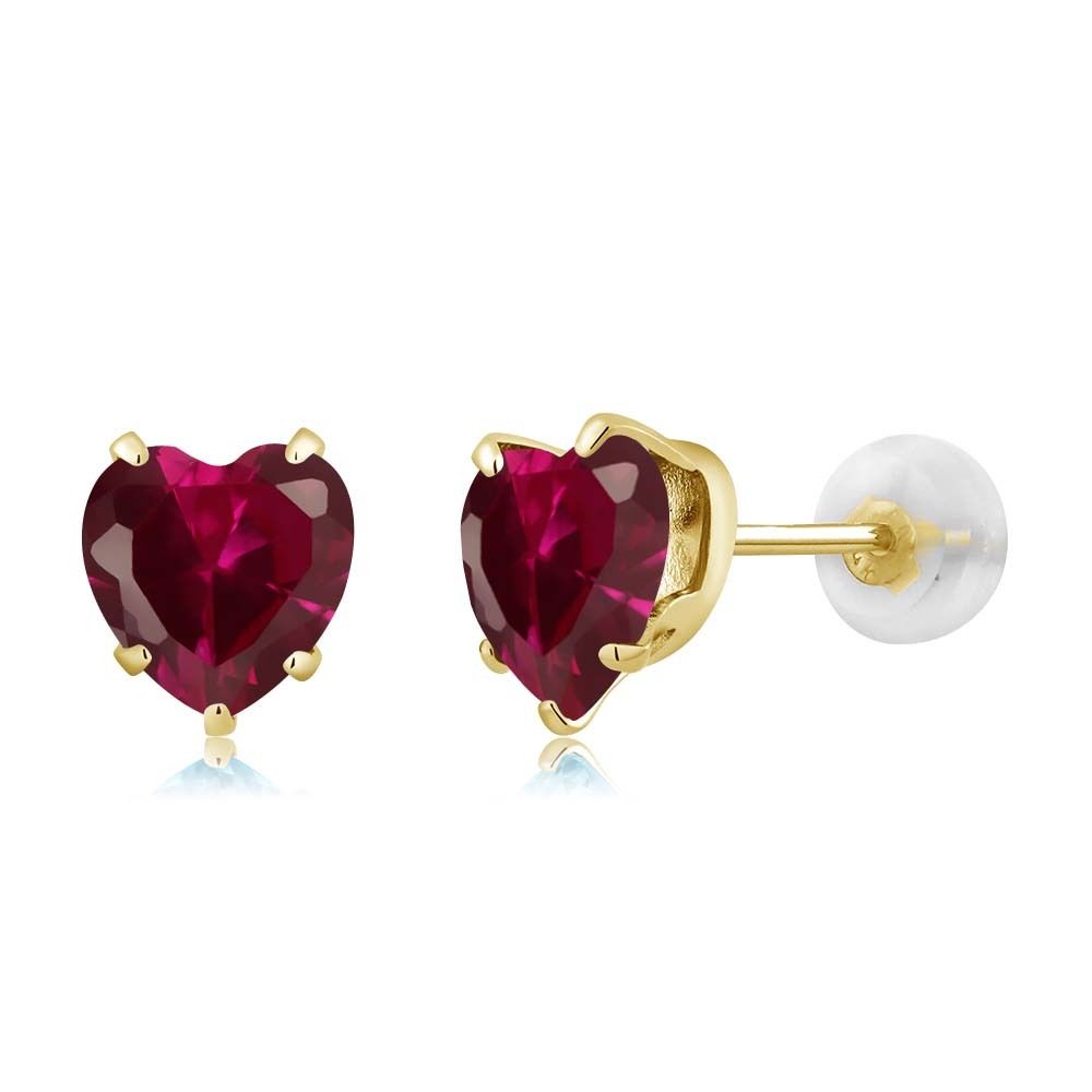 1.92 Ct Heart Shape 6mm Red Created Ruby 10K Yellow Gold Stud Earrings